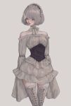  12yun30 1girl 2b_(nier:automata) absurdres alternate_costume bare_shoulders blue_eyes boots bug butterfly choker commentary cowboy_shot cross-laced_footwear dress expressionless frilled_hairband frills grey_background grey_hair hairband highres looking_to_the_side mole mole_under_mouth nier:automata nier_(series) no_mask off-shoulder_dress off_shoulder ribbon_choker short_hair simple_background sleeves_past_fingers sleeves_past_wrists solo thigh_boots 