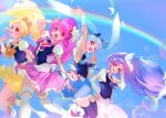  4girls :d ;d aino_megumi arm_up armpits black_vest blonde_hair blue_bow blue_eyes blue_hair blue_skirt bow brown_eyes cure_fortune cure_honey cure_lovely cure_princess floating_hair hair_between_eyes hair_bow happinesscharge_precure! highres hikawa_iona long_hair miniskirt multiple_girls one_eye_closed oomori_yuuko orange_bow pink_hair pink_skirt pleated_skirt precure purple_hair rainbow red_eyes shipu_(gassyumaron) shirayuki_hime short_sleeves skirt smile twintails very_long_hair vest white_skirt white_sleeves yellow_skirt 