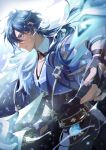  1boy absurdres belt black_gloves black_pants black_shirt blue_hair blue_shirt blurry blurry_background commentary earrings eyepatch fingerless_gloves fur_scarf genshin_impact gloves highres holding holding_sword holding_weapon jewelry kaeya_(genshin_impact) long_hair male_focus noes pants pectoral_cleavage pectorals shirt single_earring solo sword vision_(genshin_impact) weapon 