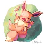  animal_focus artist_name brown_fur bug caterpillar closed_eyes commentary_request eevee from_above highres horns lying mane no_humans on_back on_grass open_mouth pawpads pokemon pokemon_(creature) rongai28 single_horn sleeping tail twitter_username weedle 