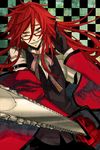  bad_id bad_pixiv_id bow chainsaw checkered dress_shirt earrings glasses gloves grell_sutcliff grin jewelry kuroshitsuji long_hair male_focus osamu_(jagabata) red_hair sharp_teeth shinigami shirt smile solo teeth trench_coat vest yellow_eyes 