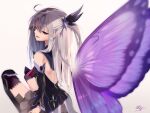  1girl ascot bare_shoulders black_dress black_footwear black_thighhighs blush boots breasts butterfly_wings detached_sleeves dress fate/grand_order fate/kaleid_liner_prisma_illya fate_(series) grey_hair hair_ornament highres illyasviel_von_einzbern insect_wings long_hair looking_at_viewer looking_back one_side_up open_mouth pei_iriya purple_skirt red_eyes sidelocks sitting skirt small_breasts smile solo testament_(fate) thigh_boots thighhighs thighhighs_under_boots wings 
