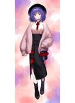  1girl bare_shoulders black_footwear black_headwear boots cardigan casual commission full_body high-waist_skirt highres holding kageharu long_sleeves looking_at_viewer nagae_iku open_cardigan open_clothes puffy_long_sleeves puffy_sleeves purple_hair red_eyes shirt skeb_commission skirt sleeveless sleeveless_shirt smile solo touhou white_shirt 