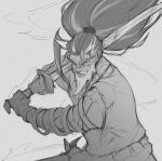  1boy absurdres annacchii bandaged_arm bandages beard closed_mouth facial_hair greyscale hair_up highres holding holding_sword holding_weapon league_of_legends long_hair monochrome official_alternate_costume ponytail scar scar_on_face scar_on_nose solo sword upper_body weapon yasuo_(league_of_legends) 