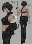  1girl ass belt black_hair black_jacket black_pants black_shirt character_name collarbone commentary_request crop_top dark-skinned_female dark_skin earrings from_behind from_side fuku_(fuku12290574) full_body fur-trimmed_jacket fur_trim gun hand_up hands_in_pockets highres holding holding_weapon jacket jewelry long_hair long_sleeves navel off_shoulder open_clothes open_jacket original pants purple_eyes revolver shirt smile solo stomach tattoo turtleneck very_long_hair walking weapon 