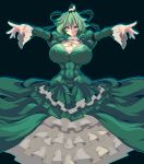  1girl abs adapted_costume black_background black_headwear breasts cleavage covered_navel covered_nipples cross-laced_clothes dress frilled_dress frills full_body green_dress green_hair huge_breasts juliet_sleeves long_sleeves mmmmatimmmmati ofuda ofuda_on_clothes outstretched_arms pixel_art puffy_sleeves short_hair simple_background soga_no_tojiko solo touhou travel_attendant 