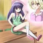  aitaso bad_id bad_pixiv_id bench blonde_hair blue_eyes blue_hair blush dress dress_lift furude_rika green_skirt hairband higurashi_no_naku_koro_ni houjou_satoko long_hair lowres multiple_girls orange_eyes panties shoes short_hair sitting skirt socks strap_slip thumbs_up underwear yaranaika yuri 