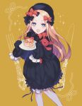  1girl :d abigail_williams_(fate) black_bow black_dress black_headwear blonde_hair blue_eyes bow bowtie dress fate/grand_order fate_(series) food hair_bow holding holding_plate kanitama_(putyourhead) looking_at_viewer multiple_hair_bows open_mouth orange_bow pancake pancake_stack parted_bangs plate simple_background sleeves_past_fingers sleeves_past_wrists smile solo syrup yellow_background 