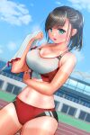  1girl aqua_eyes arm_under_breasts bleachers blue_sky blush breasts breath brown_hair building buruma check_commentary cleavage cloud collarbone commentary commentary_request day dutch_angle highres holding holding_towel large_breasts looking_at_viewer navel open_mouth original outdoors ponytail running_track shi_zu_ne sky solo sparkling_sweat sports_bikini sports_bra stomach sweat sweat_stain tan tanlines thighs towel track_and_field track_uniform very_sweaty 