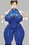  1girl alternate_breast_size blush breasts chamchami chun-li curvy double_bun hair_bun highres huge_breasts open_mouth plump simple_background smile solo street_fighter street_fighter_zero_(series) 