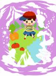  1boy baseball_cap black_eyes black_hair blue_shorts blush_stickers carrot chibi cloud hat hitofutarai male_focus mother_(game) mother_2 ness_(mother_2) on_mini_planet open_mouth red_footwear red_headwear shirt shoes short_hair shorts socks solid_oval_eyes solo striped striped_shirt tree white_socks 