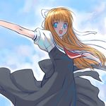  :d air blonde_hair blue_eyes kamio_misuzu long_hair lowres open_mouth outstretched_arms sakamoto_mineji school_uniform smile solo spread_arms 