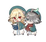  2boys :d aged_down ahoge akademiya_uniform alhaitham_(genshin_impact) badge beret black_footwear blonde_hair blush book chibi closed_mouth commentary_request expressionless eyelashes genshin_impact green_eyes green_hair green_headwear green_jacket grey_hair hair_between_eyes hair_over_one_eye hat highres holding holding_book holding_hands jacket kaveh_(genshin_impact) light_frown long_hair long_sleeves looking_at_viewer male_focus ml_(sysynemuru) multicolored_hair multiple_boys one_eye_covered open_clothes open_jacket open_mouth parted_bangs red_eyes robe shoes short_hair sidelocks simple_background smile swept_bangs walking white_background white_robe wide_sleeves 