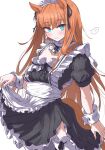  1girl ? alternate_costume animal_ears apron blue_eyes blunt_bangs blush breasts collarbone commentary_request enmaided highres horse_ears horse_tail itosu200 long_hair looking_at_viewer maid maid_headdress oversized_clothes silence_suzuka_(umamusume) small_breasts smile solo tail thighhighs umamusume white_background 
