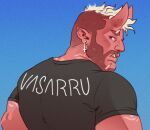  1boy bara beard broad_shoulders cal_(vasarru) demon_boy demon_horns facial_hair from_behind full_beard horns inverted_cross_earrings looking_at_viewer looking_back male_focus mature_male multicolored_hair muscular muscular_male original pointy_ears profile scar scar_on_chin scar_on_face shirt short_hair skin-covered_horns solo t-shirt thick_eyebrows tusks two-tone_hair upper_body vasarru 