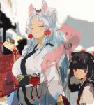  2girls :/ :3 absurdres animal_ears arm_at_side basket black_hair blunt_bangs blurry blurry_background blush breasts closed_eyes closed_mouth commentary_request curtained_hair expressionless facing_ahead film_grain flower_knot fox_ears hagoromo hand_up height_difference highres holding holding_basket japanese_clothes kabuyama_kaigi kimono large_breasts long_hair long_sleeves looking_at_viewer multiple_girls obi red_eyes sash shawl shopping shopping_basket short_hair siblings sidelocks sisters standing touhoku_itako touhoku_kiritan voiceroid white_kimono 