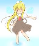  air barefoot blonde_hair chibi closed_eyes full_body kamio_misuzu long_hair saotome_ryuuichi school_uniform solo standing very_long_hair 