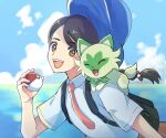  1girl :d backpack bag black_bag blue_headwear brown_eyes brown_hair cloud commentary_request day eri_(rcn_natural13) eyelashes hat holding holding_poke_ball juliana_(pokemon) necktie on_shoulder open_mouth orange_necktie outdoors poke_ball poke_ball_(basic) pokemon pokemon_(creature) pokemon_on_shoulder pokemon_sv school_uniform shirt short_hair short_sleeves sky smile sprigatito teeth upper_body upper_teeth_only 