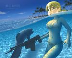  animal assault_rifle beach bikini blonde_hair day dunkleosteus fish green_eyes gun original outdoors partially_submerged prehistoric_animal rifle short_hair side-tie_bikini side_ponytail solo striped striped_bikini swimsuit translated weapon yasunon 