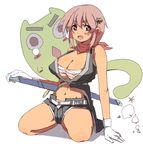  breasts cleavage copyright_request gloves large_breasts midriff ninja oekaki open_fly open_mouth sarashi scarf short_shorts shorts solo ui_(uilog) unzipped zipper 