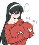  ... 1girl alternate_breast_size black_hair breasts earrings gold_earrings grabbing_own_breast hair_between_eyes henriiku_(ahemaru) highres huge_breasts jewelry long_sleeves red_eyes red_sweater simple_background solo speech_bubble spy_x_family straight_hair sweater upper_body white_background white_headwear yor_briar 