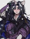  1girl animal_ears aogisa arknights black_hair black_kimono closed_eyes dog_ears dog_girl facial_mark fang fingerless_gloves forehead_mark gloves hand_on_own_head highres infection_monitor_(arknights) japanese_clothes kimono long_hair long_sleeves open_mouth pants parted_bangs puffy_pants purple_gloves purple_pants saga_(arknights) smile snow snowing solo 