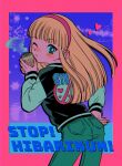  1980s_(style) 1boy black_jacket blonde_hair blue_eyes blunt_bangs blush border can city closed_mouth copyright_name drink_can green_pants hairband hand_on_own_hip heart highres holding holding_can jacket long_hair menma_(enaic31) one_eye_closed oozora_hibari otoko_no_ko pants pink_border pink_hairband pink_theme purple_background retro_artstyle soda_can solo sparkle stop!!_hibari-kun! white_sleeves 
