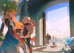  1boy 1other 2girls armor banner battle_standard blonde_hair braid crown_braid dress eye_symbol flag flower gate hair_ornament hair_stick highres hyrule_warriors:_age_of_calamity impa link lisa_(mochii_lisa) long_hair low-tied_long_hair multiple_girls official_alternate_costume pointy_ears princess_zelda robot sheikah sheikah_slate shield shield_on_back smile soldier&#039;s_set_(zelda) sword terrako the_legend_of_zelda the_legend_of_zelda:_breath_of_the_wild tree war_banner weapon weapon_on_back white_hair 