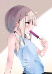  1girl bare_shoulders blue_tank_top blush breasts eating fate/kaleid_liner_prisma_illya fate_(series) food highres illyasviel_von_einzbern long_hair low_twintails pei_iriya popsicle red_eyes sidelocks small_breasts solo tank_top twintails white_hair 