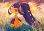  artist_name closed_mouth cloud colored_skin commentary_request grass highres looking_back mawile on_grass orange_sky pokemon pokemon_(creature) red_eyes rongai28 sharp_teeth sky smile standing teeth twitter_username wheat yellow_skin 