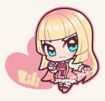  1girl :3 blonde_hair blue_eyes blunt_bangs blush character_name chibi closed_mouth dress eyelashes gloves kotorai lili_(tekken) long_hair no_nose outline pink_background pink_dress pink_footwear pink_gloves pink_outline signature solo tekken very_long_hair 