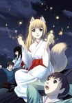  2girls animal_ears bad_id bad_pixiv_id black_hair blonde_hair blue_eyes fox_ears japanese_clothes kimono kou_(wagaya) long_hair miko multiple_boys multiple_girls night rooftop tail takagami_noboru takagami_tooru tateichi tenko_kuugen wagaya_no_oinari-sama 