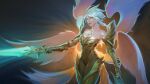  1girl angel_wings armor armored_boots bare_shoulders boobplate boots breasts cleavage collarbone dual_wielding gauntlets gold_armor hair_between_eyes highres holding holding_sword holding_weapon kayle_(league_of_legends) large_breasts league_of_legends medium_hair multicolored_background multiple_wings smile solo stnpnk sword weapon white_hair wings yellow_eyes 