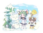 2girls animal_hat arms_up bell blue_sky bow bowtie brown_eyes brown_hair bucket cat_hat cat_tail dejiko di_gi_charat dress gema green_hair green_neckerchief hair_bobbles hair_intakes hair_ornament hat highres jingle_bell long_hair long_sleeves mittens morizo_(morizoshop) multiple_girls neckerchief outdoors pine_tree pleated_skirt puchiko puffy_short_sleeves puffy_sleeves purple_bow purple_bowtie purple_dress purple_skirt shirt short_sleeves shovel skirt sky snow snowman standing tail tree twitter_username v-shaped_eyebrows very_long_hair white_headwear white_mittens white_shirt white_tail yellow_tail 