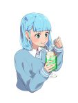  1girl blue_eyes blue_hair blue_sweater blush cherry collared_shirt cup drinking drinking_straw drinking_straw_in_mouth edomon-do food food_on_face fruit highres holding holding_cup holding_spoon ice_cream ice_cream_on_face long_sleeves melon_soda mona_lisa_no_zaregoto shirt short_hair simple_background solo sora_(mona_lisa_no_zaregoto) spoon sweater upper_body white_background white_shirt 