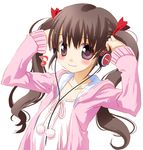  blush brown_hair earphones eighth_note headphones long_hair musical_note noto_(soranoto) original purple_eyes smile solo twintails 