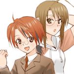  1girl :d ahoge brown_hair clenched_hand glasses hasegawa_chisame looking_at_viewer lowres mahou_sensei_negima! negi_springfield open_mouth rimless_eyewear short_hair simple_background smile sweater uniform white_background 