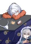  2girls absurdres animal_ears bronya_zaychik closed_eyes commentary_request fake_animal_ears godcastlenoa grey_eyes grey_hair grey_hoodie hair_between_eyes hairband handheld_game_console highres holding holding_handheld_game_console homu_(honkai_impact) honkai_(series) honkai_impact_3rd hood hood_down hoodie kiana_kaslana kotatsu multiple_girls open_mouth orange_shirt shirt simple_background table under_kotatsu under_table unworn_hairband v-shaped_eyebrows white_background white_hairband 