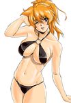  bikini blonde_hair blue_eyes breasts cleavage excellen_browning large_breasts one_eye_closed shiny shiny_skin shu-z simple_background solo super_robot_wars swimsuit 