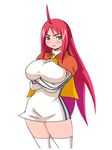  :t ahoge angry blue_eyes blush breast_rest breasts copyright_request crossed_arms dress huge_breasts long_hair long_sleeves red_hair ryoji_(nomura_ryouji) shawl simple_background solo thighhighs white_background white_legwear 