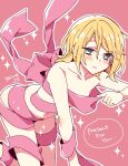  1girl 59_(seventhstar) all_fours blonde_hair blush bow collarbone embarrassed flat_chest gift_wrapping hair_down kagamine_rin messy_hair naked_ribbon navel pink_background pink_bow pink_ribbon pink_theme pulled_by_self ribbon short_hair sideways_glance solo sparkle twitter_username vocaloid 