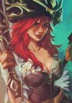  1girl absurdres dual_wielding green_background grey_eyes gun hair_between_eyes hands_up hat highres holding holding_gun holding_weapon league_of_legends long_hair miss_fortune_(league_of_legends) pirate_hat red_hair red_lips smile solo stnpnk teeth upper_body weapon 