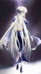  1girl backless_dress backless_outfit blue_dress blue_footwear commentary_request cyan_yang detached_sleeves dress from_behind full_body fur_sleeves genshin_impact high_heels highres long_hair ningguang_(genshin_impact) solo standing very_long_hair white_hair 