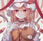  1girl ascot black_choker blonde_hair choker flandre_scarlet hat hisu_(hisu_) medium_hair open_mouth red_eyes red_ribbon ribbon side_ponytail simple_background solo stuffed_animal stuffed_toy teddy_bear touhou white_background yellow_ascot 