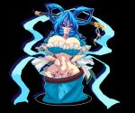  1girl abs black_background blue_eyes blue_hair blue_skirt breasts chisel cleavage commentary_request curvy drill_hair drill_sidelocks hair_ornament hair_rings hair_stick kaku_seiga large_breasts looking_at_viewer mmmmatimmmmati navel ofuda pixel_art shawl sidelocks simple_background skirt solo touhou 
