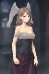  1girl bare_shoulders blue_eyes blurry blurry_background breasts brown_hair collarbone corset covered_nipples dress eunie_(xenoblade) head_wings highres long_hair looking_at_viewer medium_breasts miura-n315 solo strapless strapless_dress wings xenoblade_chronicles_(series) xenoblade_chronicles_3 