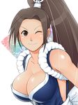  bad_id bad_pixiv_id breasts brown_eyes brown_hair fatal_fury large_breasts long_hair one_eye_closed ponytail shiranui_mai smile solo the_king_of_fighters xxkuroxx 