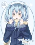  1other alternate_hairstyle androgynous blue_coat blue_hair chocoeiru coat colored_eyelashes d: fur-trimmed_coat fur-trimmed_sleeves fur_trim hair_between_eyes highres holding holding_hair long_hair long_sleeves open_mouth rimuru_tempest speech_bubble sweatdrop tensei_shitara_slime_datta_ken twintails yellow_eyes 