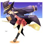  ayase_yue book broom broom_riding character_name copyright_name floating floating_book floating_object full_body grimoire hat holding kneehighs loafers long_hair long_sleeves looking_at_viewer low-tied_long_hair mahora_academy_middle_school_uniform mahou_sensei_negima! purple_hair running school_uniform shoes solo very_long_hair wawaway witch_hat 
