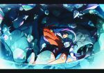  1girl afloat blue_hair blueberry_academy_school_uniform brown_eyes brown_hair cave_interior colored_sclera commentary_request crystal fangs glimmet highres juliana_(pokemon) koraidon korean_commentary medium_hair multicolored_hair open_mouth orange_eyes pink_hair pokemon pokemon_(creature) pokemon_sv riding riding_pokemon school_uniform selyg15 skin_fangs water white_hair yellow_eyes yellow_sclera 
